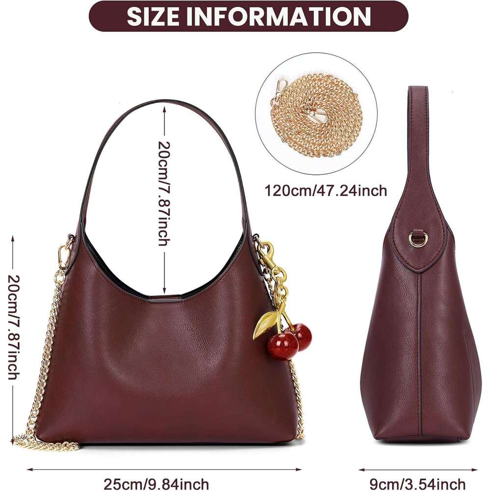 Small Hobo Bags For Women Cherry Shoulder Purse Faux Leather Tote Handbag Trendy Chain Crossbody Bag