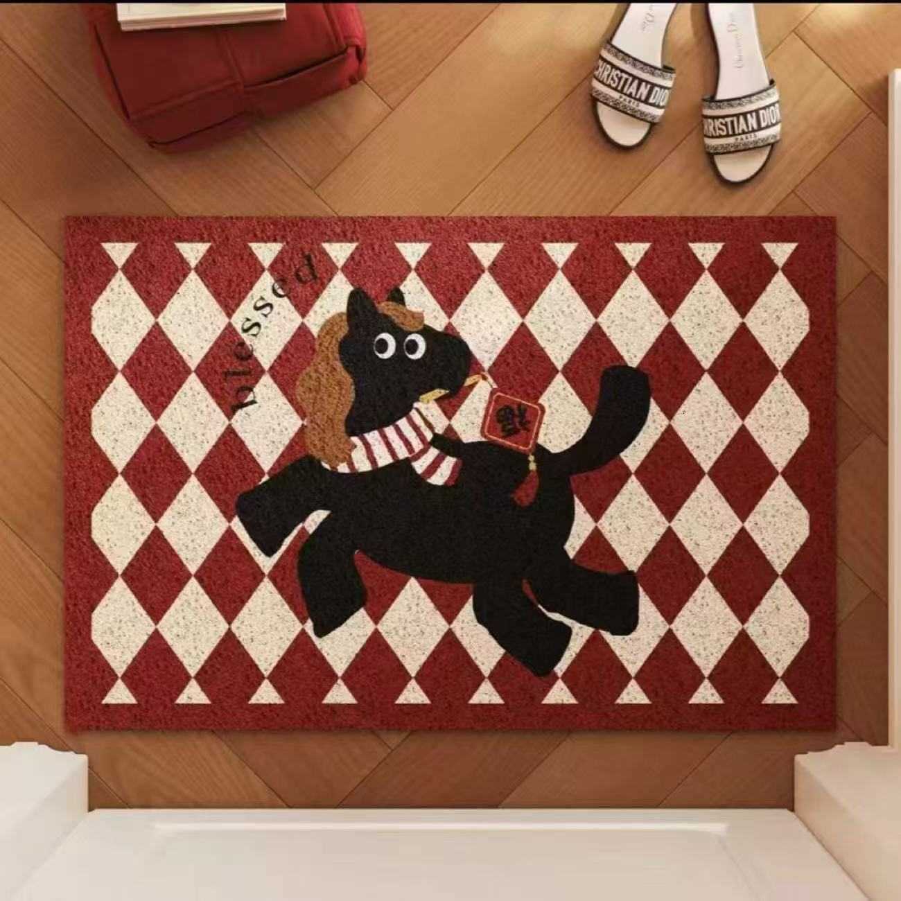 New Years Entryway Mat for the Year of the Horse Red PVC Coil Doormat Non-Slip Wear-Resistant Cuttable Dirt-Scratching Mat S260207