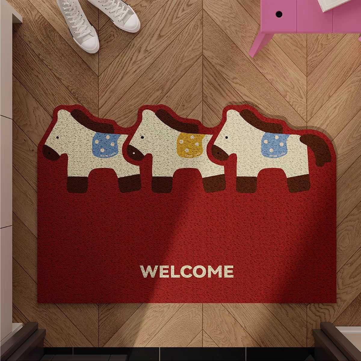 Year of the Horse Doormat Entrance Mat Outdoor Mud Scraper Dust Removal Cartoon Style Wire Loop Doormat Home Use Customizable Doormat S260207