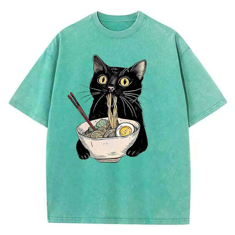 Unisex Hip Hop T Shirt Vintage Washed 100% Cotton T-Shirt Black Retro Cat Eating Ramen Graphic Tee Casual Streetwear X260209
