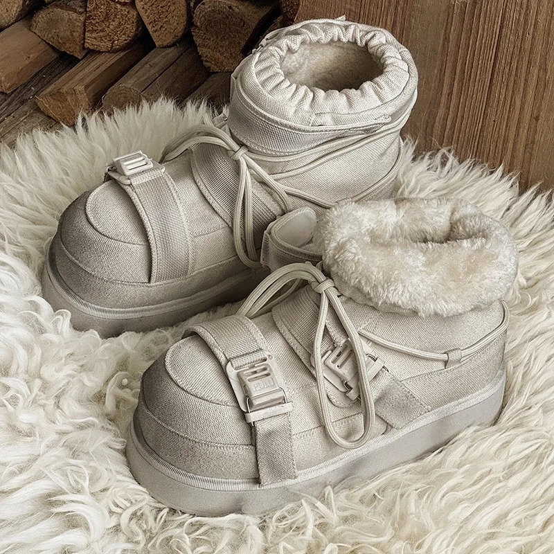 Winter Short Snow Boots Woman Cross Lace Up Round Toe Wool Warm Flat Platform Shoes Women Cow Suede Ankle Boots For Women 260202