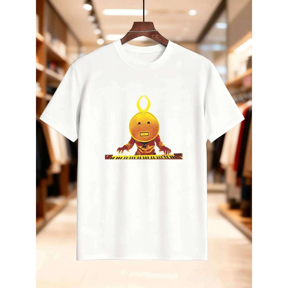 Men's Cotton Printed T-Shirt - Cartoon Keyboard Player Graphic Design, Breathable & Comfortable for Daily Casual Wear, Trendy Style X260209