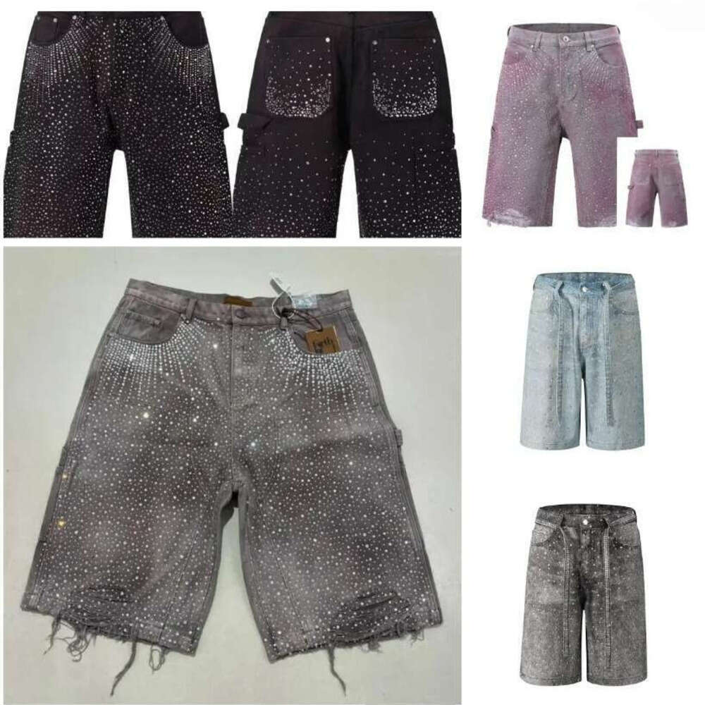 Free Shipping Blackicon Men's Denim Shorts Rhinestone Sequined Street shorts wear Cowboy Hip Hop Casual Loose Sport Style