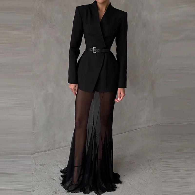 Ladies Fashion Solid Long Sleeve Blazer Mermaid Skirts Suit Women Transparent Mesh Two Piece Set Elegant Banquet Outfits 250203