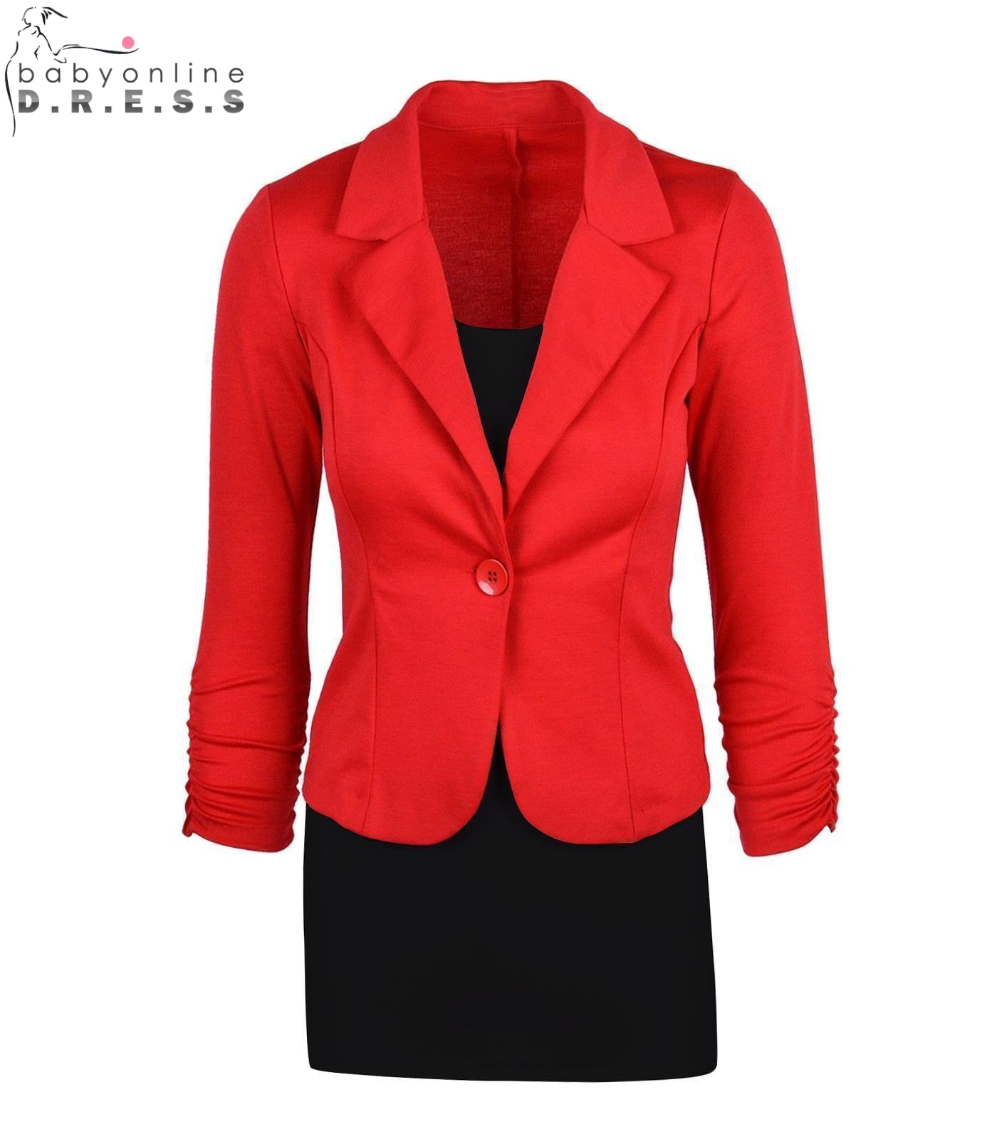 BABYONLINE D.R.E.S.S. Women's Elegant 2-Piece Office Outfit Slim-Fit Black Ruched Sleeve Blazer with Sleeveless Red Bodycon Mini Dress for Busine