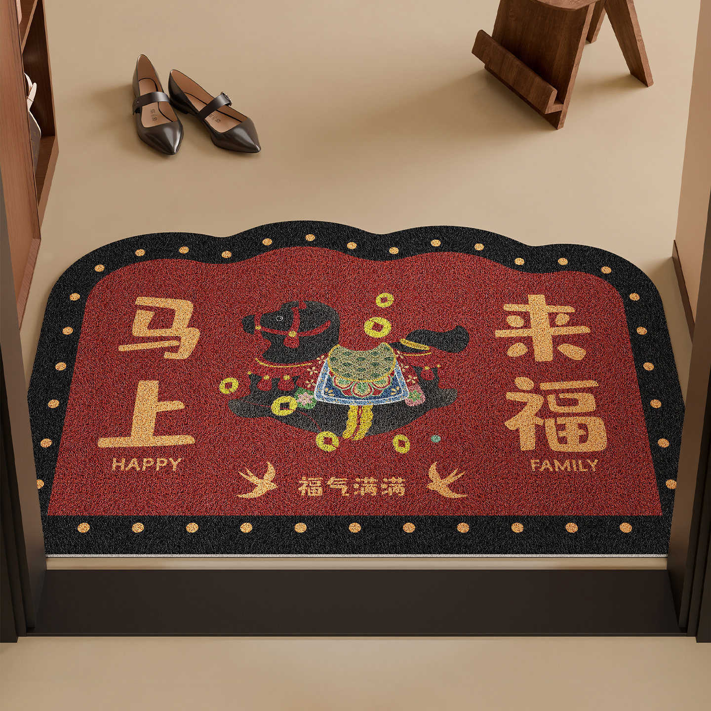 Year of the Horse Red Festive Silk Loop Doormat Wear-resistant Dirt-resistant Foot Mat Dust Removal Non-slip Door Mat Customizable Entryway Doormat S2