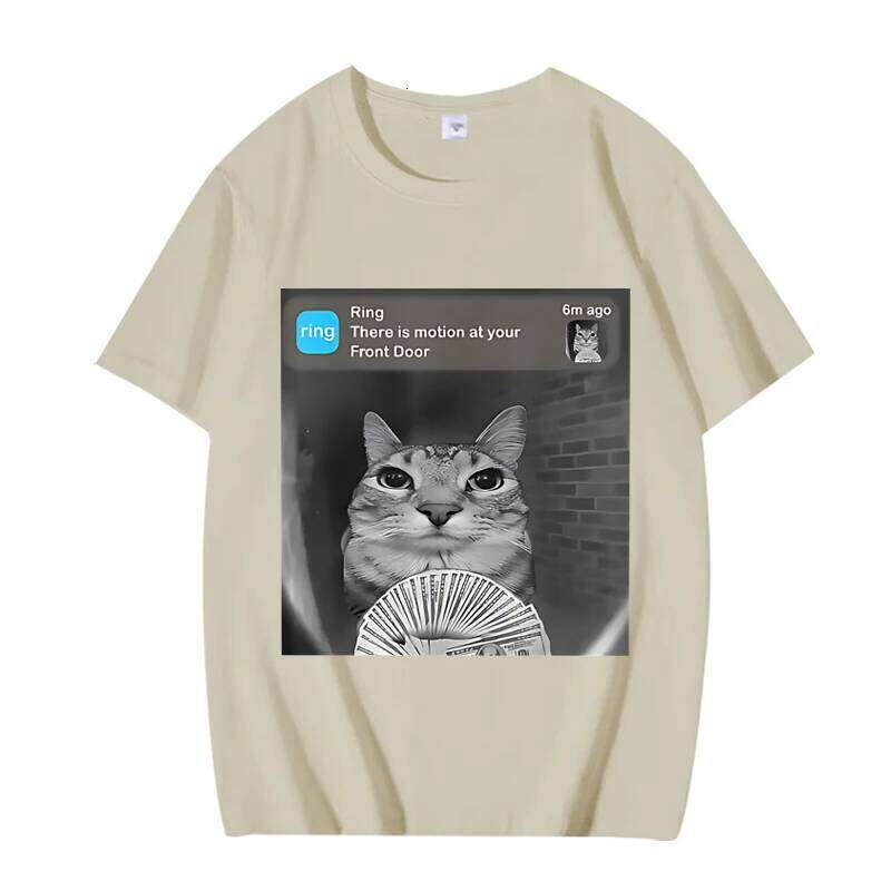 There Is Motion At Your Front Door Funny Silly Cat Meme T Shirt Men Women Oversized Cotton Short Sleeve Summer Unisex Tops X260209