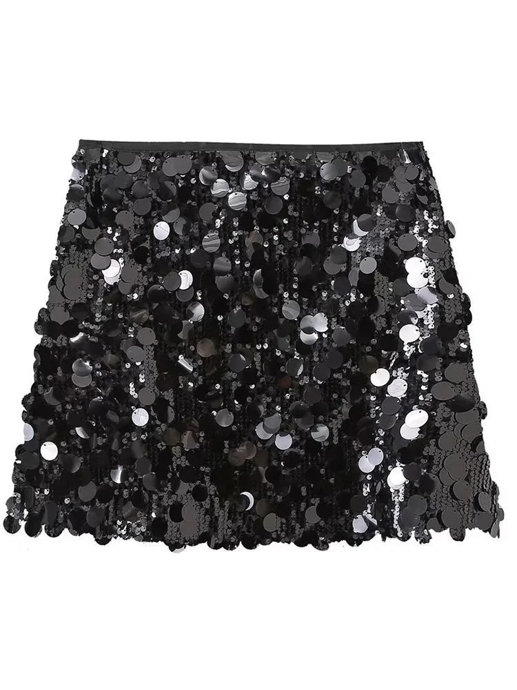 Women Fashion With Sequined Solid Side Zipper Mini Skirt Vintage High Waist Female Chic Lady Skirts 260122