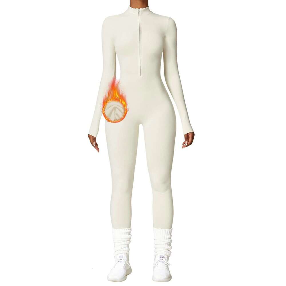 Fleece-lined warm cross-border yoga suit, long-sleeved, half-zip, high-intensity integrated sports one-piece fitness suit