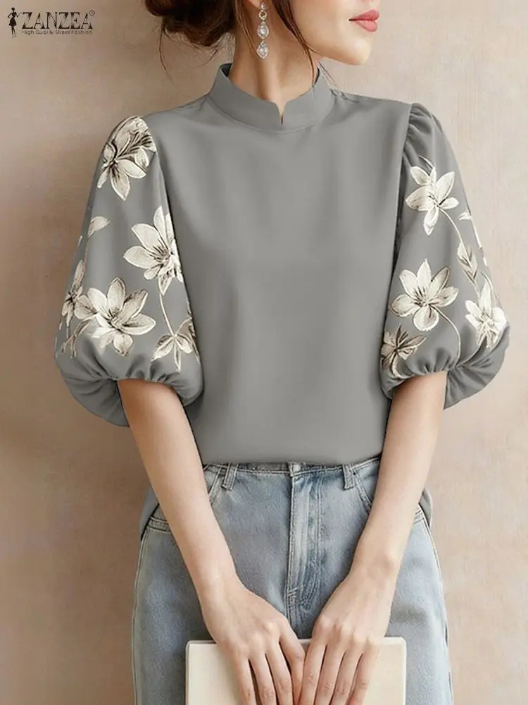 ZANZEA Elegant Women Blouses Fashion Stand Collar Floral Printed Half Lantern Sleeve Casual Tops Spring Woman Clothes S3XL 260207