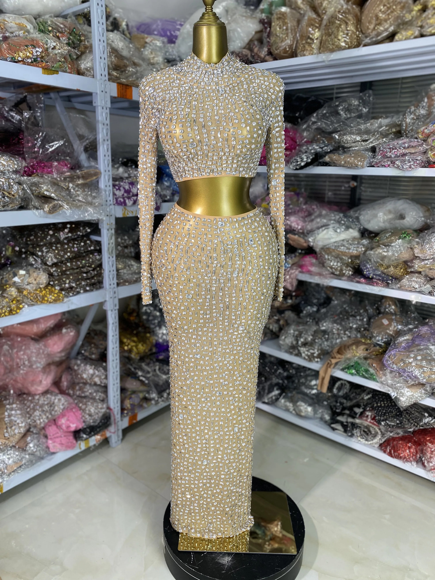 Women Silver Rhinestone Mesh Dress Sparkly Long Sleeve Crop Top And Long Skirt Two Piece Sets Celebrity Evening Outfits 260122
