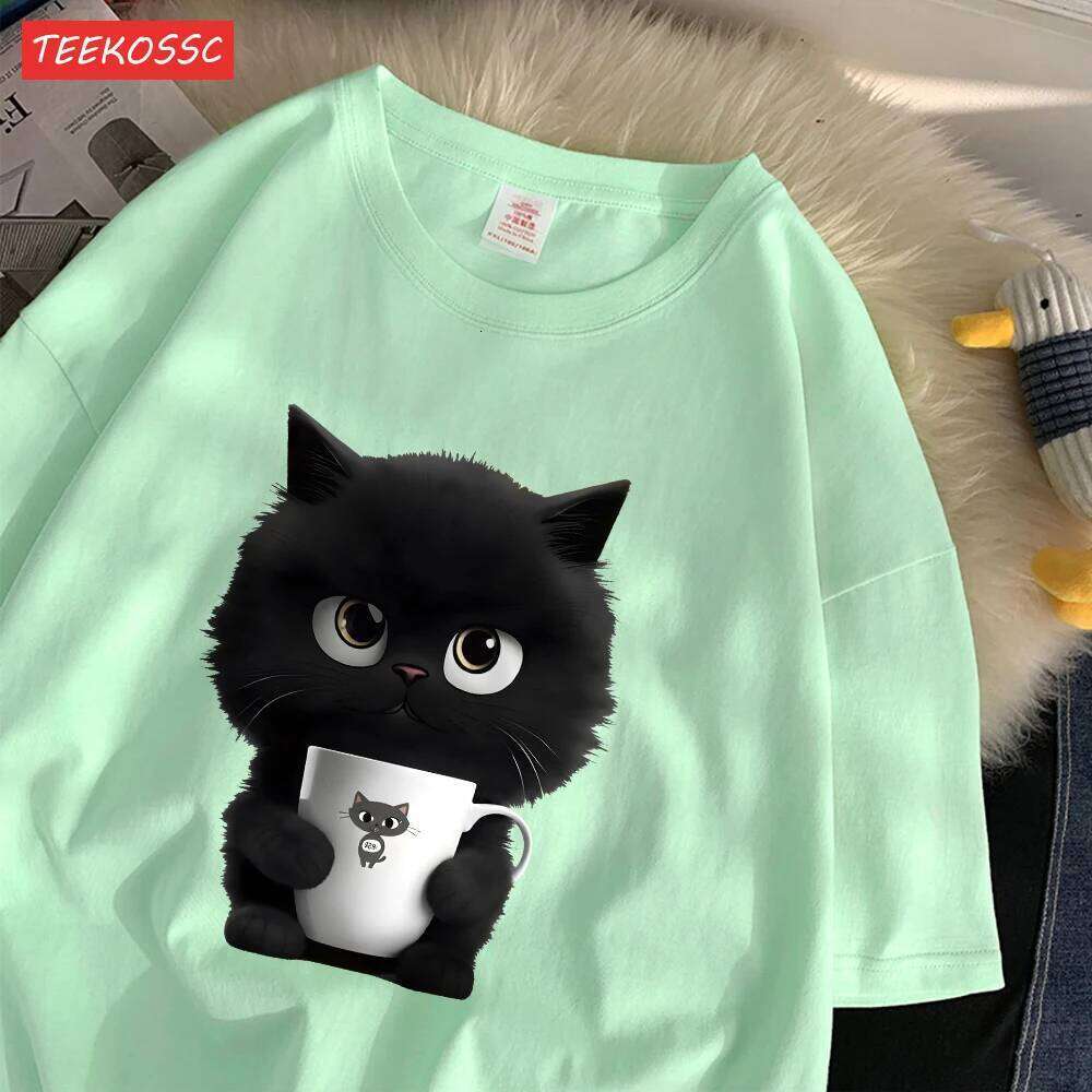 Summer Cotton Women'S T-Shirts A Kitten Holding Cup Printing Streetwear Breathable O-Neck Loose Casual Street Female Clothes X260209