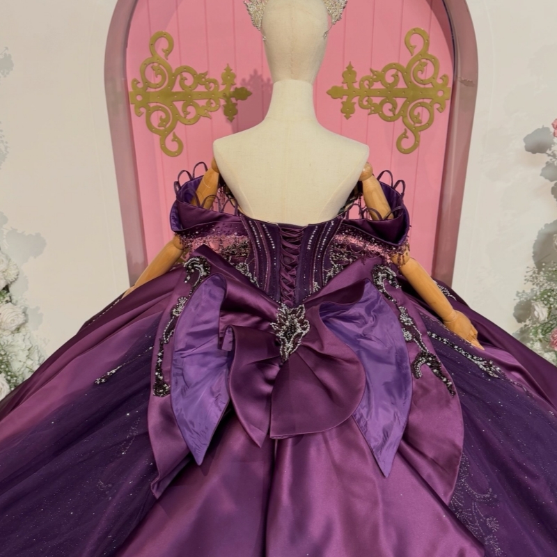 Purple Quinceanera Dresses Ball Gown Off The Shoulder Sequin Applique Lace Beading Crystal Bow Corset Sweet 16 Dress Vestidos 15 Anos