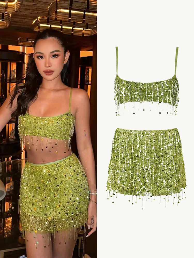 Sexy Beach Tassel Skirts Outfits Women Sequin Backless Sleeveless Shiny Ibiza Sets Female Spring Summer Chic Festival Suit 260208