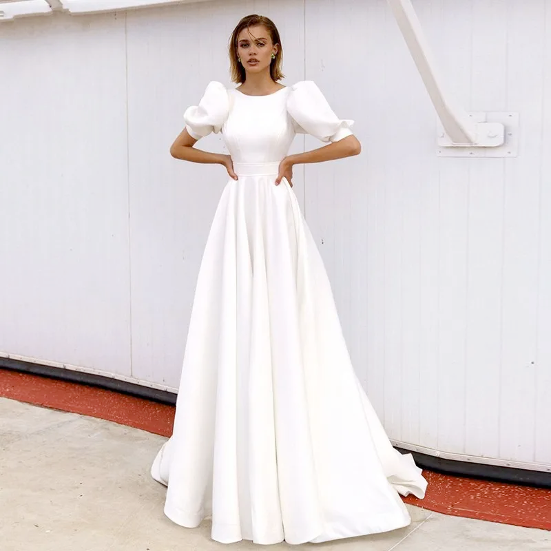 Simple Satin Wedding Dresses Beach Short Puffy Sleeves A-Line Boho Bridal Gowns Princess 2026 Vestidos De Novia BC6101