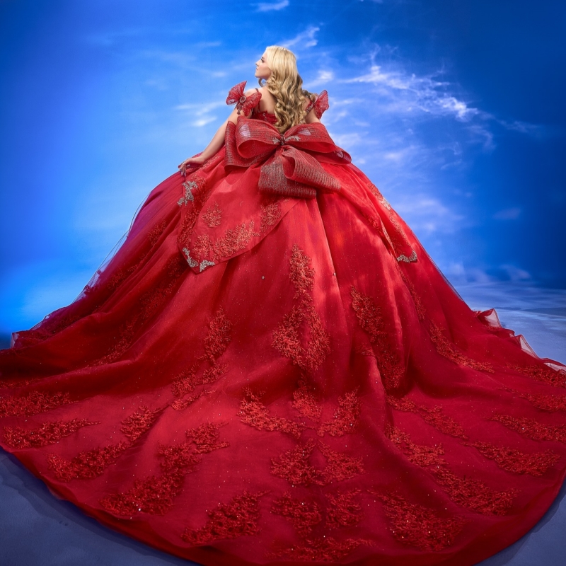 Red Quinceanera Dresses Ball Gown Off The Shoulder Applique Lace Beading Crystal Bow Tull Sweet 16 Dress Vestidos 15 Anos