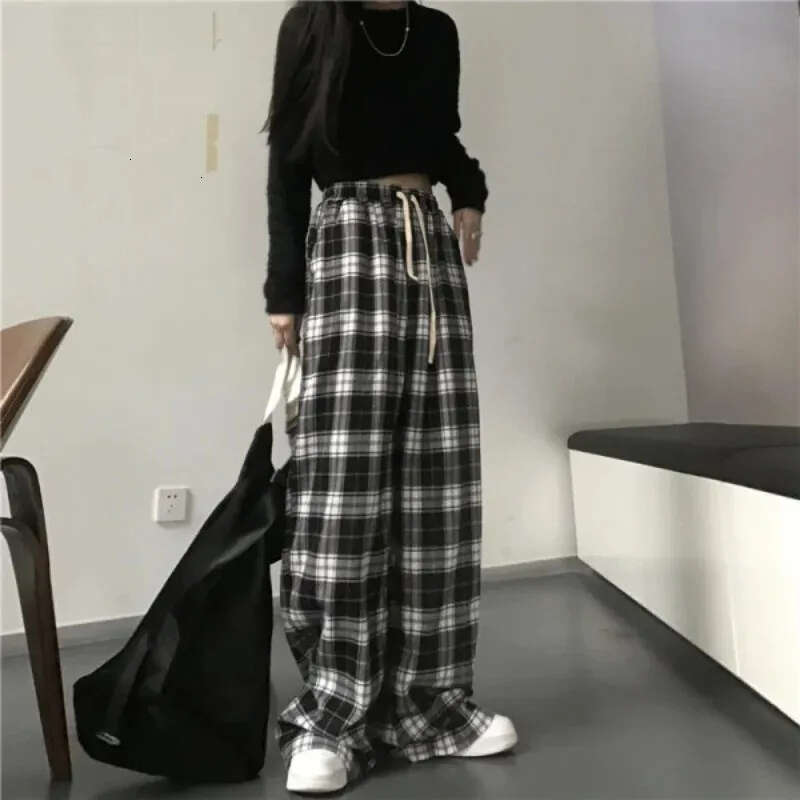 Fashion Oversized Drawstring Baggy Pants Women Black Plaid High Waist Unisex Hip Hop Pant Casual Loose Sweatpants Chic Trousers 122 H260209