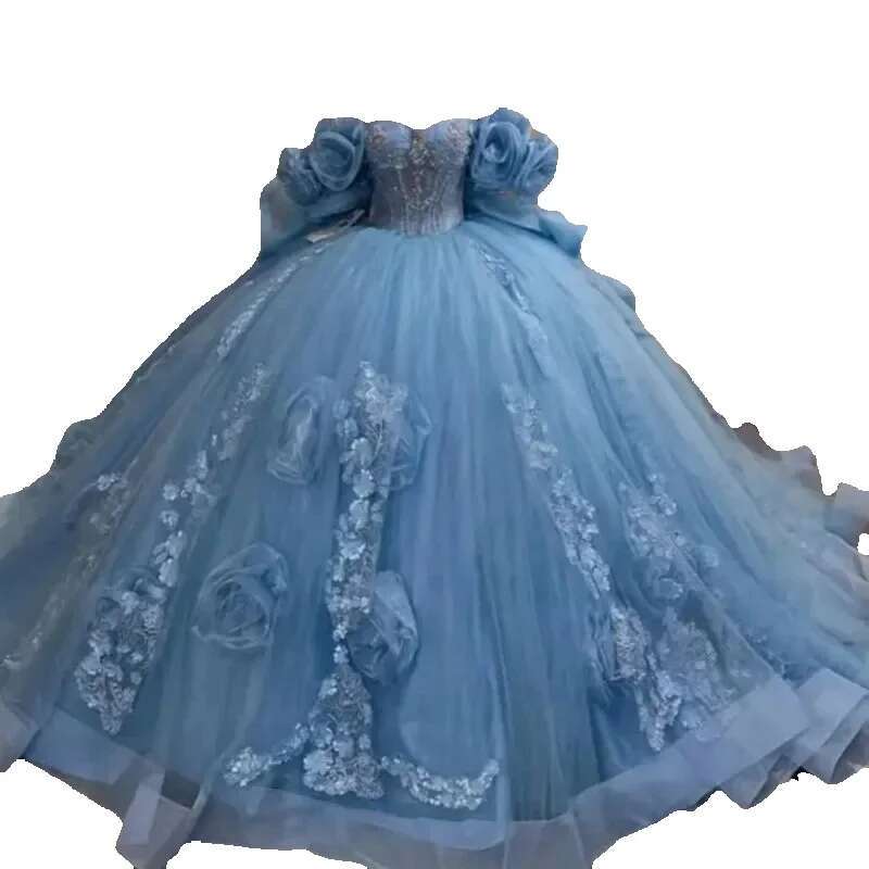 Blue Quinceanera Handmade 3D Flowers Ruffles Applique Beads Tulle Court Train Sweet 16 Birthday Party Dresses 4F08
