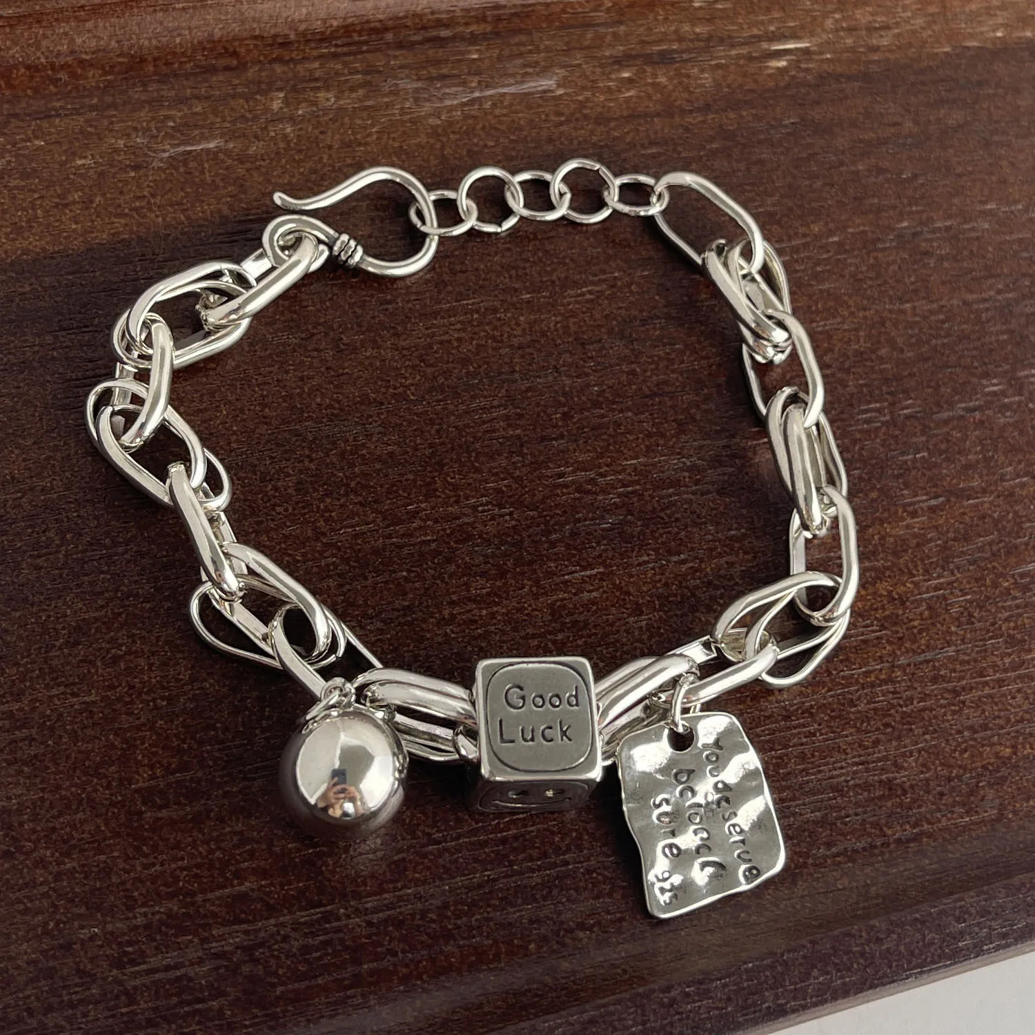 925 Sterling Silver Bracelets for Women Men String Accessories Trend Vintage Letter Balls Pendant Party Jewelry Gift 260128