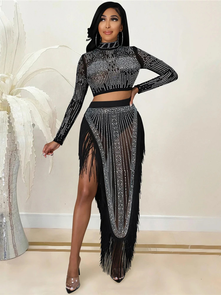 HBLL Womens 2 Piece Outfits Rhinestone Fringe Crop Cami Top and Bodycon Skirt Set Sexy Womens Nightclub Dress Party Dresses 260122