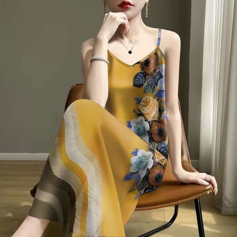 Women's Printed Sleeveless Camisole Dress V-Neck Pleated Long Sleeve Loose Maxi Dress for Spring Summer Flower vest dress