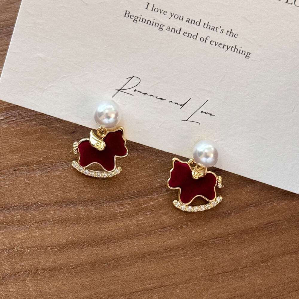 Chinese Gold Earrings Plated Zodiac Horse with Flocked Pony Pearl and Red Crystal Accents Light Luxury for Festival and 1 Cultural Celebration High Qu