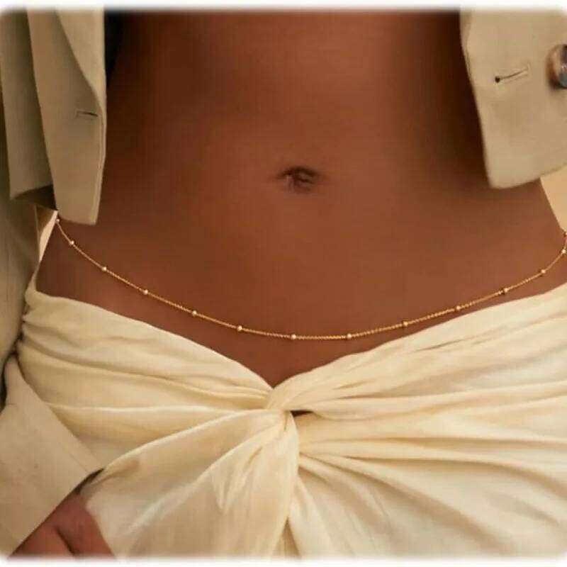 14K Gold Plated STAINLESS STEEL Layered Cuban Pearl Satellite Beads Belly Belt Body Jewelry Waterproof Waist Chains for Women X260209
