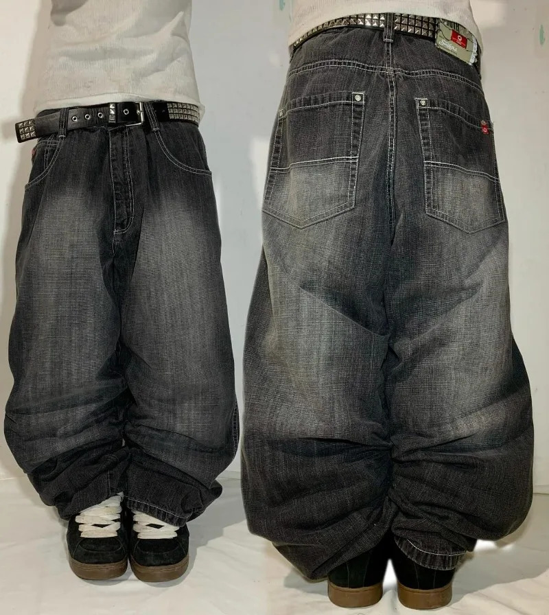 Gothic Fashion Black Solid Color Washed Old Casual Jeans Men Y2K Streetwear Vintage High Waist Baggy Wide-leg Pants 260122