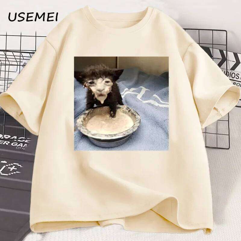 Milk face stem T-shirt, a strange and interesting cat printed for men, 100% cotton short-sleeved T-shirt X260209