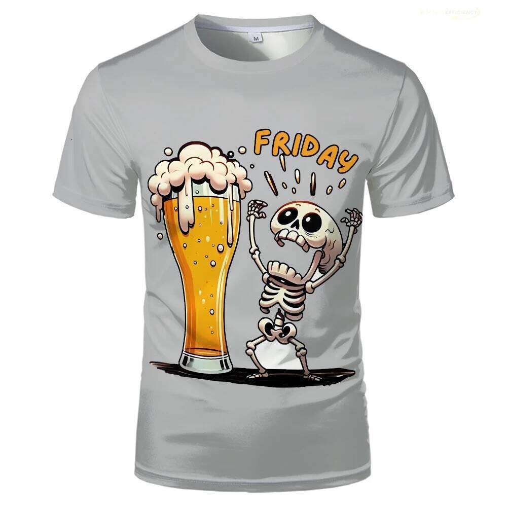 Funny Beer Skull Graphic T-Shirt Summer Casual Everyday Breathable Short Sleeve Tops Basic Simple Versatile Men's Crew Neck Tees X260209