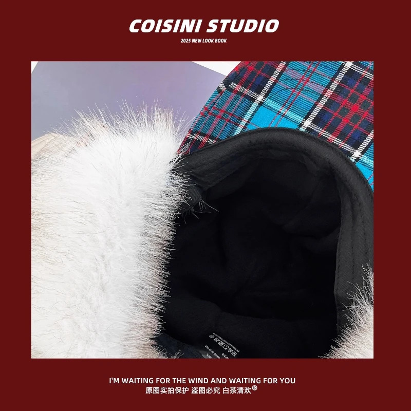 Fashion Contrasting Color Plaid Plush Bomber Hats Women Winter Outdoor Skiing Warm Versatile Personality Y2K Pilot Caps Men 260208