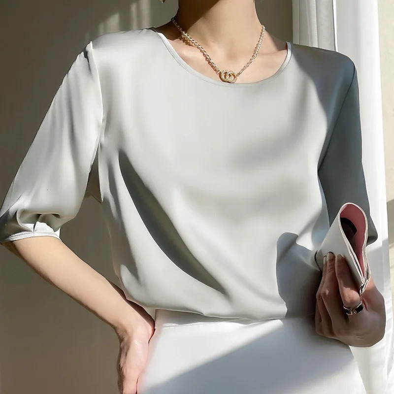 Summer Satin Simple Office Lady Blouse Female Shirt Solid Tops Short Sleeve Casual Korean OL Loose Blouses Women Blusas 260207