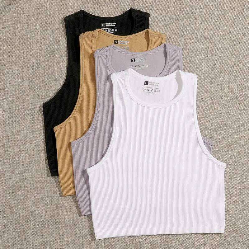 Crop Top Women Solid Basic T-shirts Vest Seamless Streetwear Elastic Rib-Knit Sleeveless Casual Tank Tops Female 26Y0209