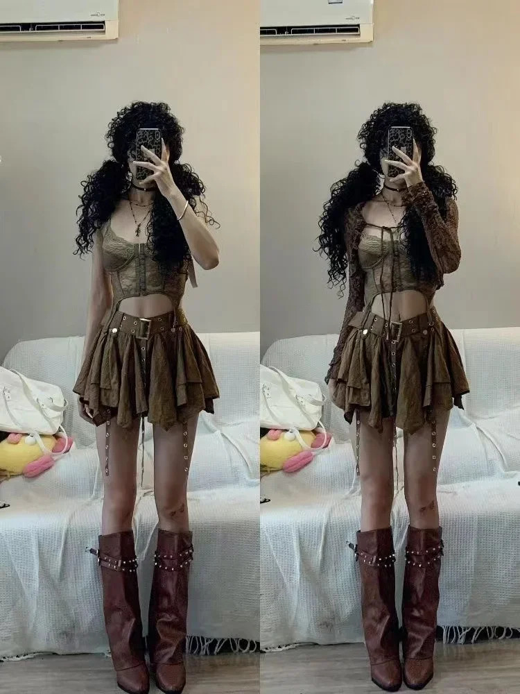 Y2k American Girl Three Piece Sexy Skirt Suit Lace Maillard Color High Street Cardigan Suspender Female Versatile 260208
