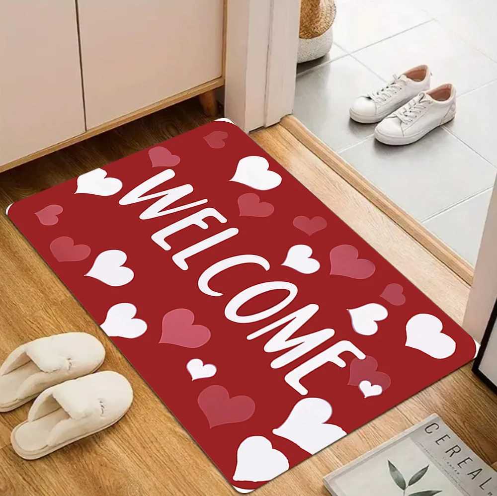 Red Welcome Rug Heart Valentines Day Doormat NonSlip Entryway Rug Living Room Bedroom Kitchen Washable Indoor Floor Mat S260207