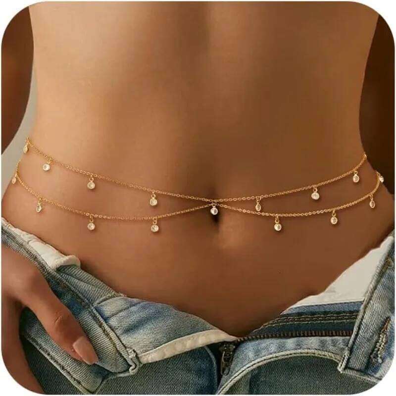 Chain, 14K Gold Plated Belly Adjustable Sexy Diamond Bikini Waist Beads for Women Body Chain Jewelry X260209