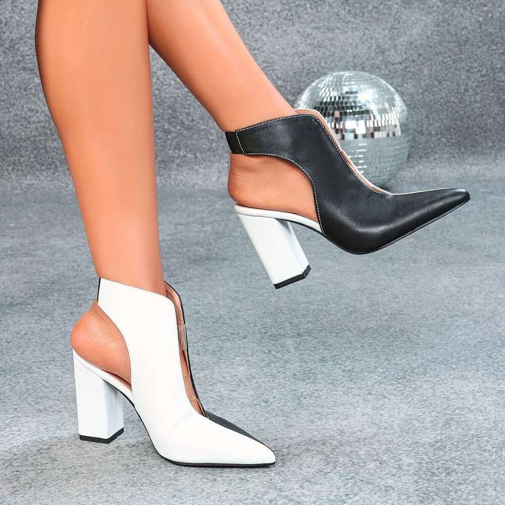 Thick Heeled Pointed High Heeled With Black White Matching And Empty Boots Summer Single Shoe Sandals Women Shoes MOJIDASHU