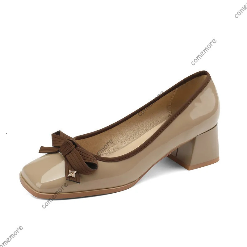 Comemore Women Casual Retro Bowknot Pumps Shoes Spring Autumn Fashion British Style Elegant Square Toe Thick Heeled Shoe 260208