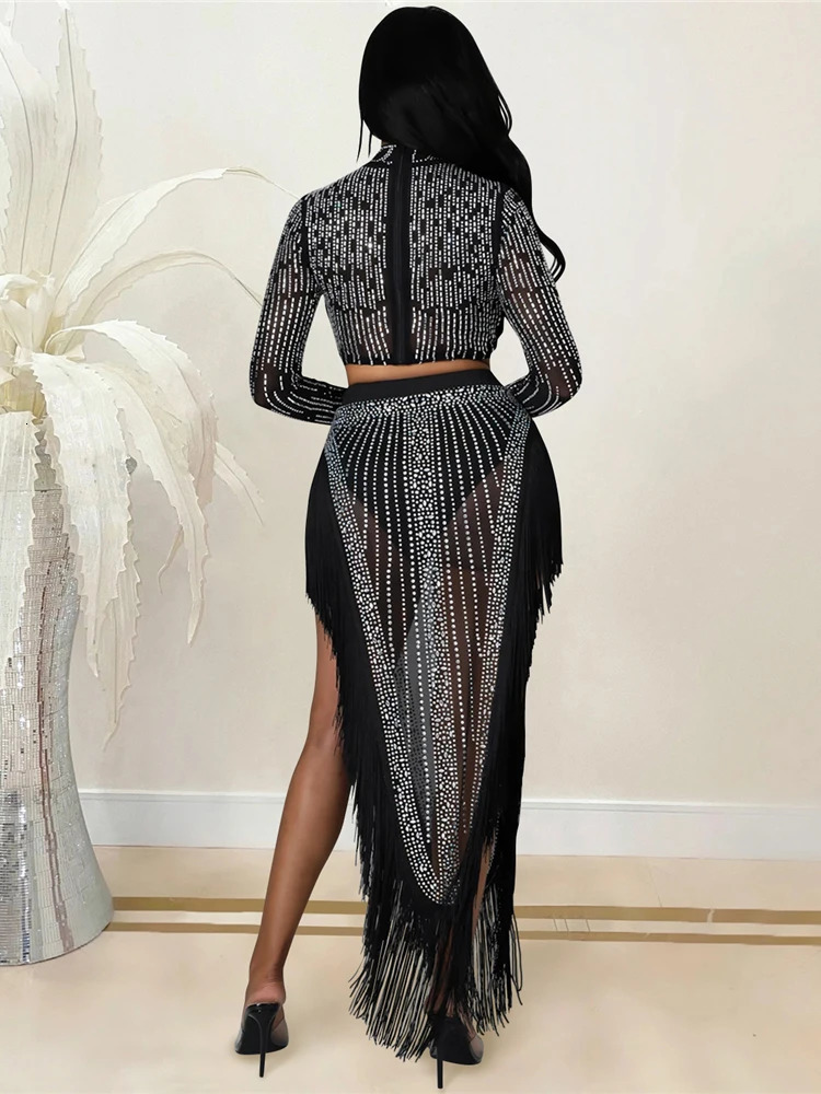 HBLL Womens 2 Piece Outfits Rhinestone Fringe Crop Cami Top and Bodycon Skirt Set Sexy Womens Nightclub Dress Party Dresses 260122
