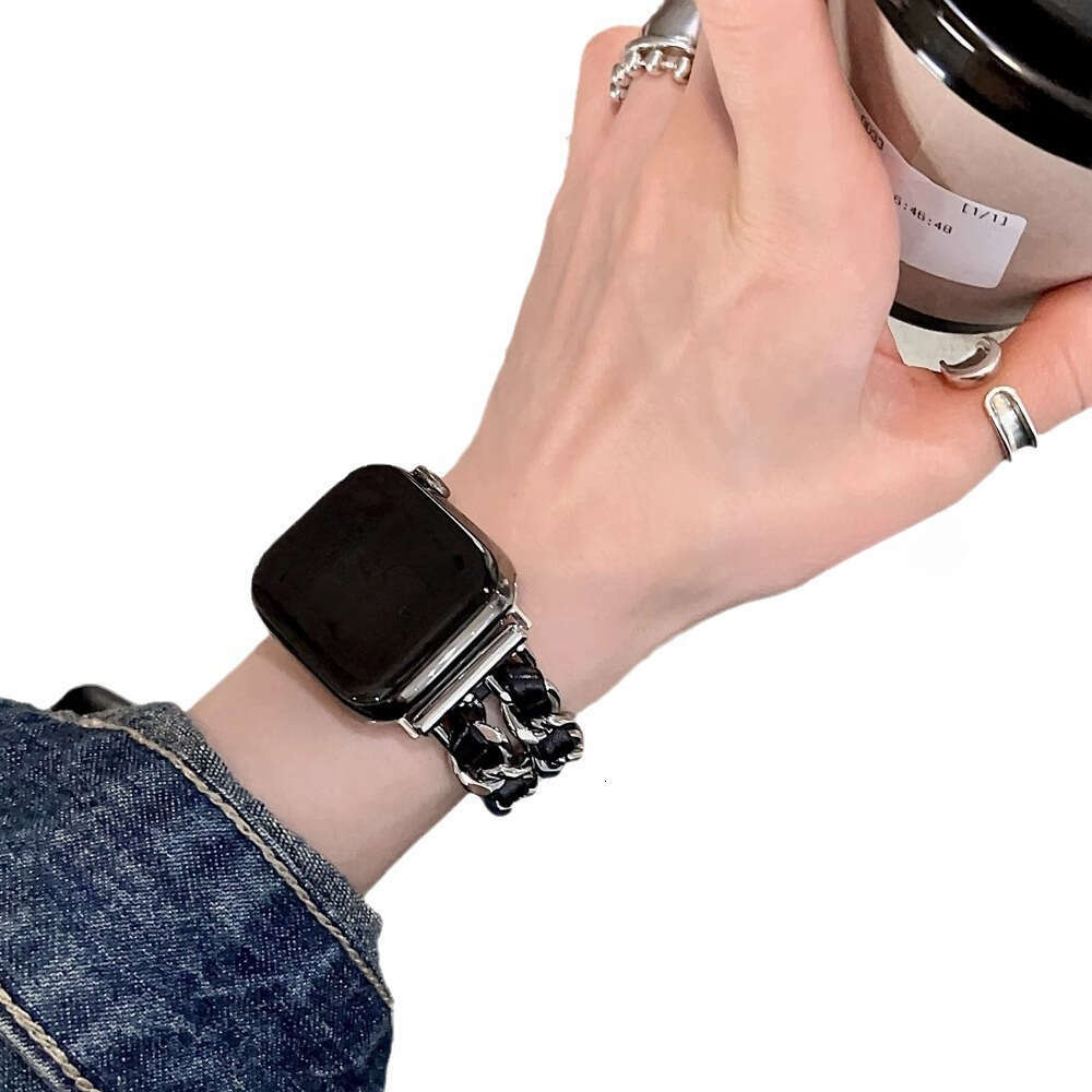 Chunky Double Row Metal Chain Band Bold Fashion Black Sliver Strap for Apple Watch Series 4-10 Ultra SE