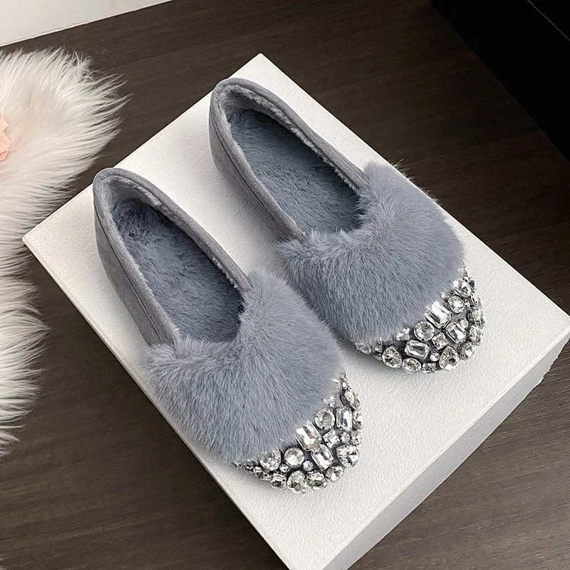 Glitter Rhinestone Ladies Plush Flat Shoes Female Cozy Crystal Decorate Loafers Winter Warm Walking Driving Shoes Casual 260124