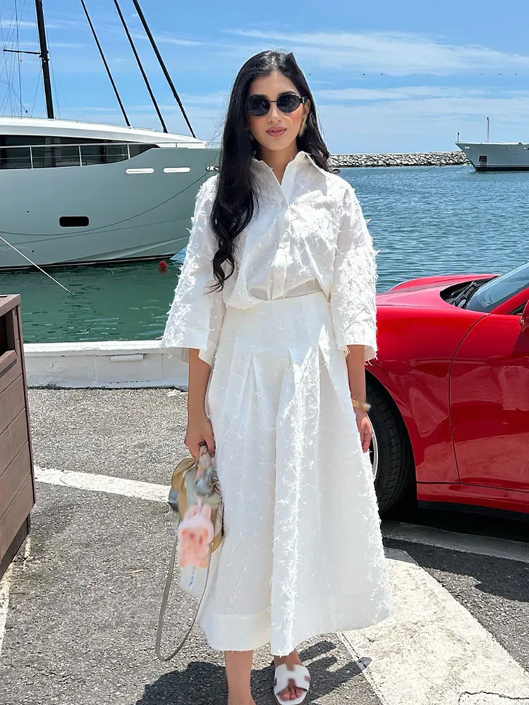 HH Women Tassel Sets White TurnDown Collar SingleBreasted ShirtsHigh Waist Zipper ALine Long Skirts Female Holiday Suit 250203