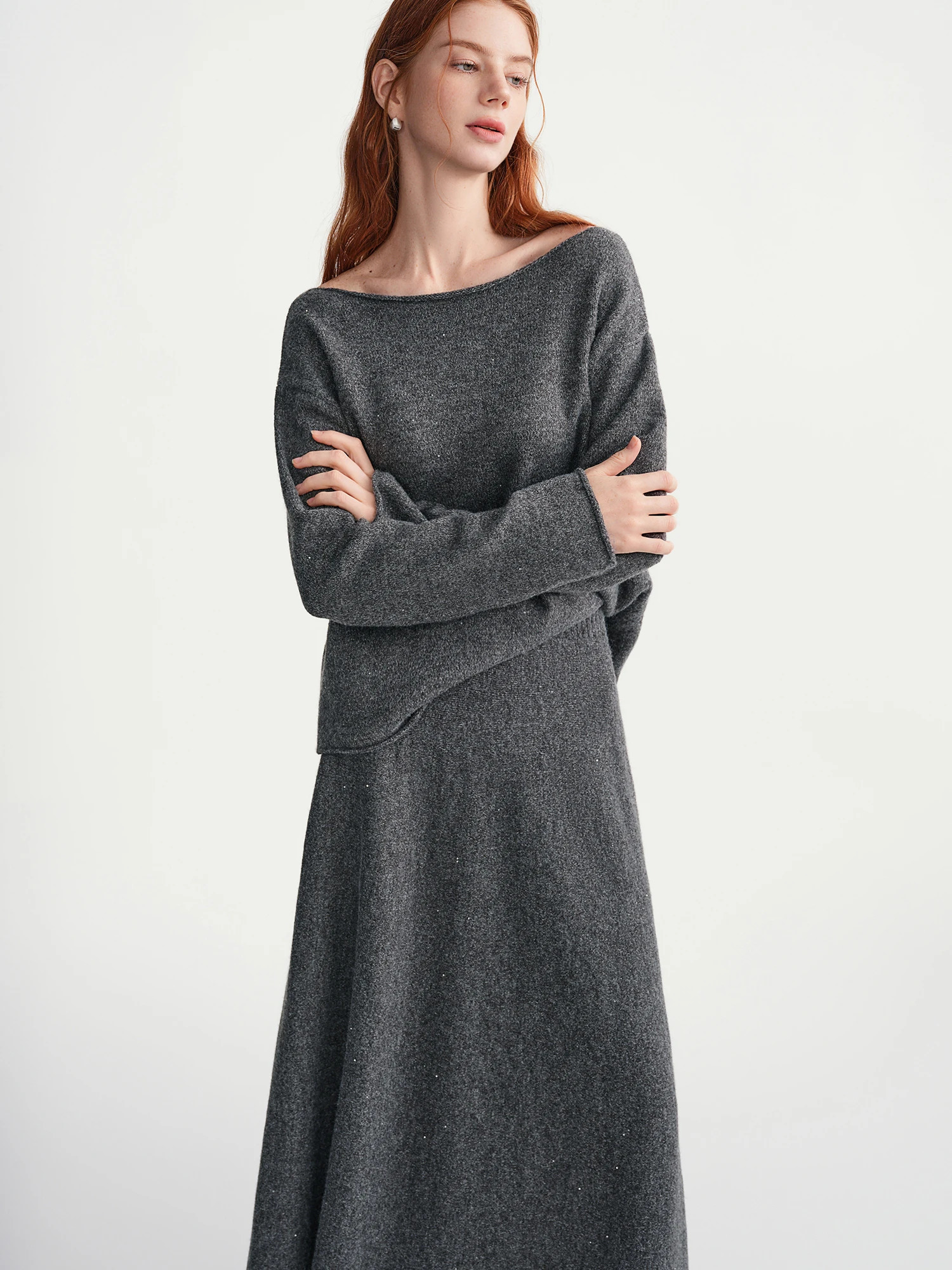 DUSHU Skirts sets Women Gray Slash Neck Loose Sweater Knitted Suit Commuting Office Lady Two-piece Winter Simple Unisex Ins 260208