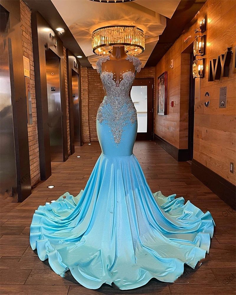 Baby Blue Sheer Neck Prom Dresses For Black Girls Beaded Crystal Diamond Birthday Party Dresses Mermaid Formal Gowns robe de soiree mariee luxe 0209