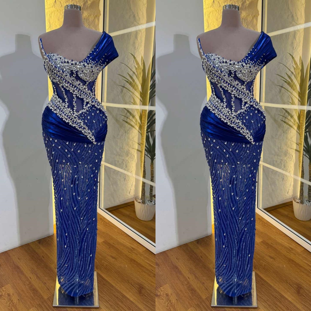 Modern One Shoulder Sequined Evening Dresses Customized Sexy Beaded Crystal Prom Dress Floor Length Sheath Party Gown