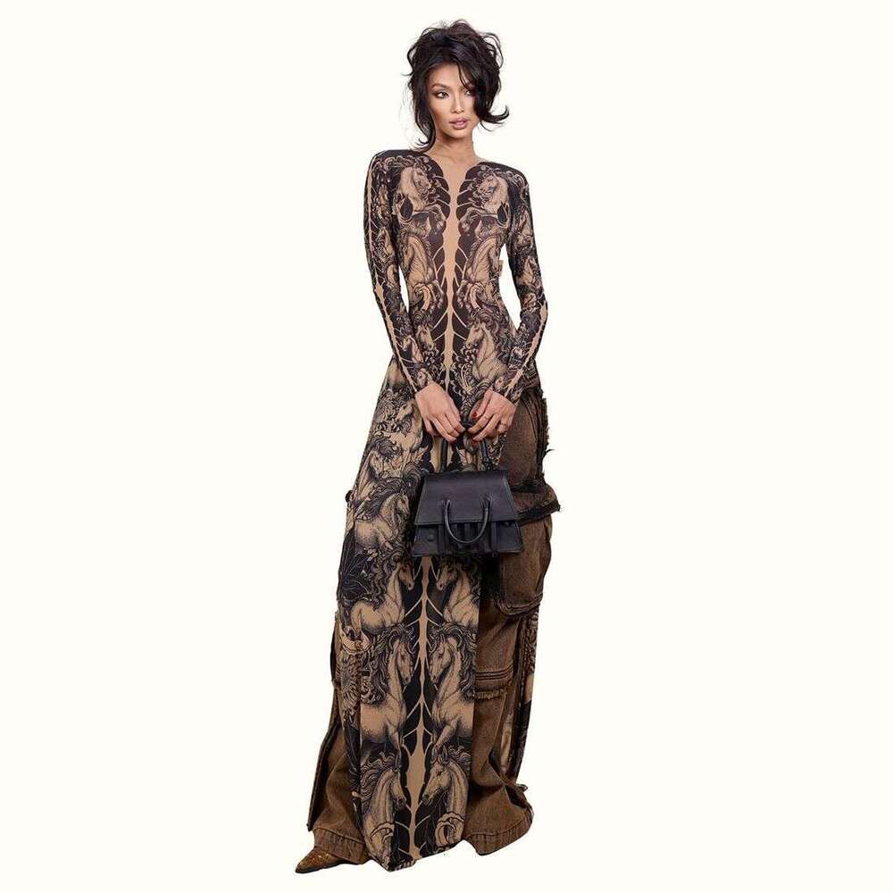 2026 Ancient Beauty Palace Style Vintage Animal Print Sleeve For Women, Unique Slim-Fit Long Dress