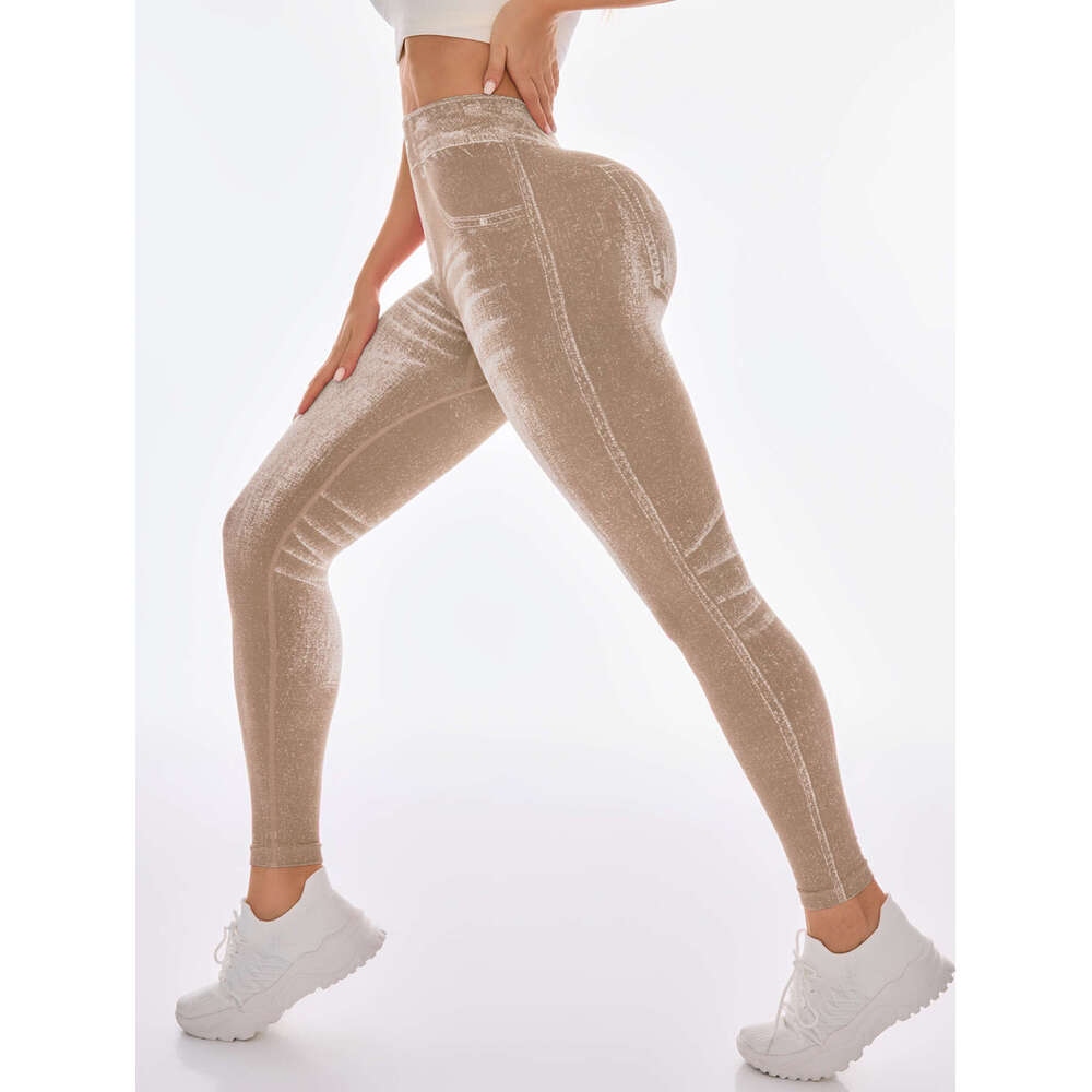 2026Hot-Selling Imitation Denim Seamless Yoga For Women, Back V-Waist, Hip-Lifting, Quick-Drying, Tight-Fitting Running Sports Fitness Long Pants WKER