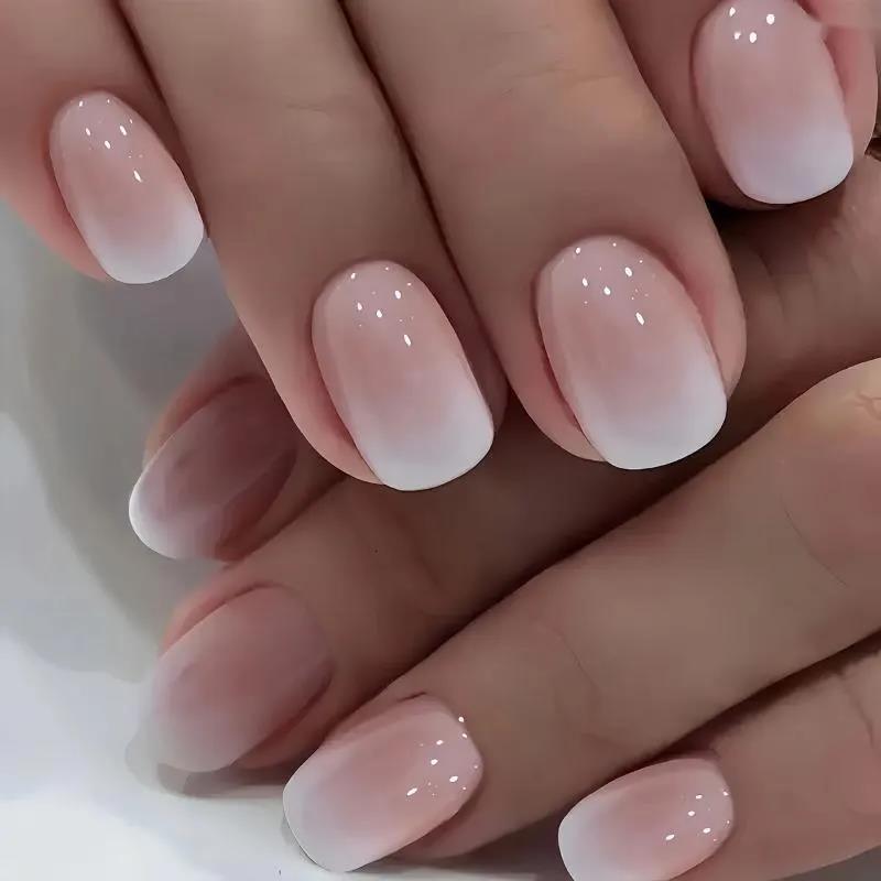 Luxury False Nails 24Pcs Flesh Color Gradient Powder Square maquillaje Short Imitation Nail Plate Fake 1Pc Jelly Paste File Strip H260202