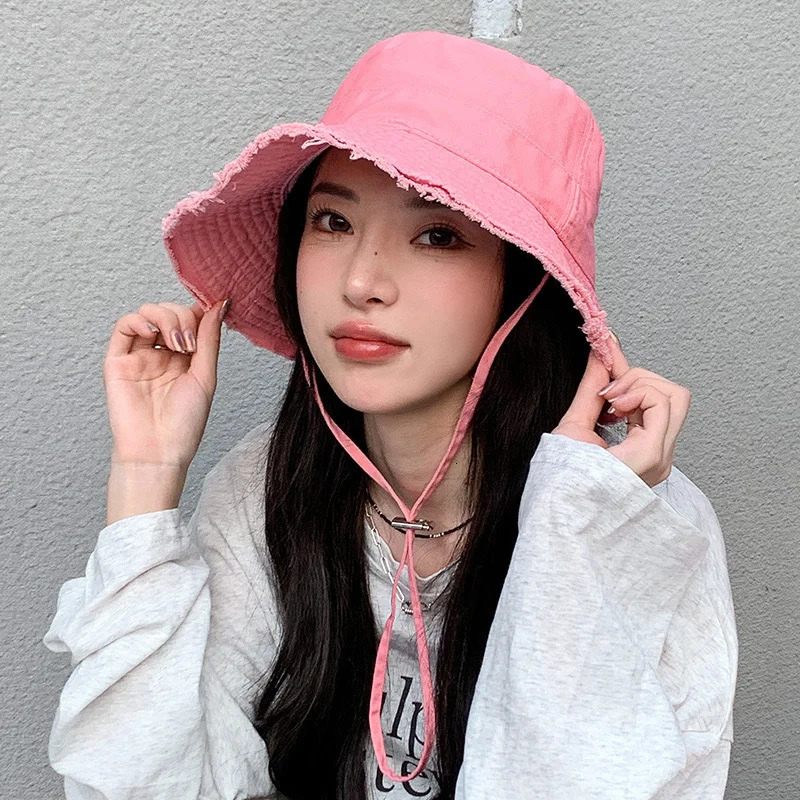 Summer Fisherman Cap for Women Korean Pink LargeBrimmed Bucket Hat Outdoor Beach Travel Sunshade Panama Hats 260206