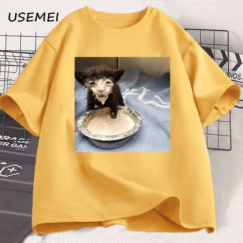 Milk face stem T-shirt, a strange and interesting cat printed for men, 100% cotton short-sleeved T-shirt X260209
